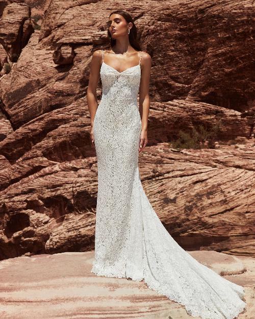 Lp2422 simple spaghetti strap wedding dress with open back and stretch lace1